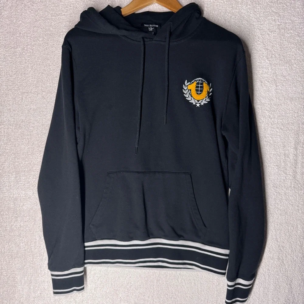 True Religion Collegiate Pullover Hoodie Men's Large Black Chenille Logo Y2K